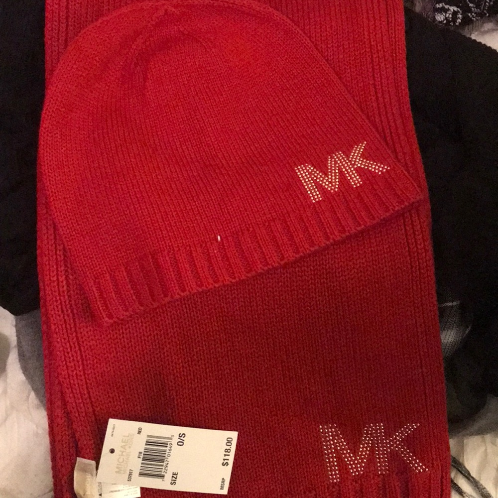 Michael Kors red scarf with matching hat